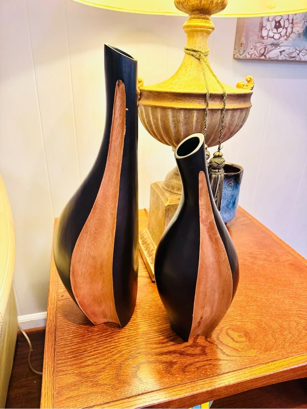Black and Natural solid Wood Accent Vase - Modern Home Accent